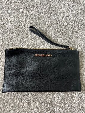 Michael Kors Black Pebbled Leather Wristlet with Gold Hardware